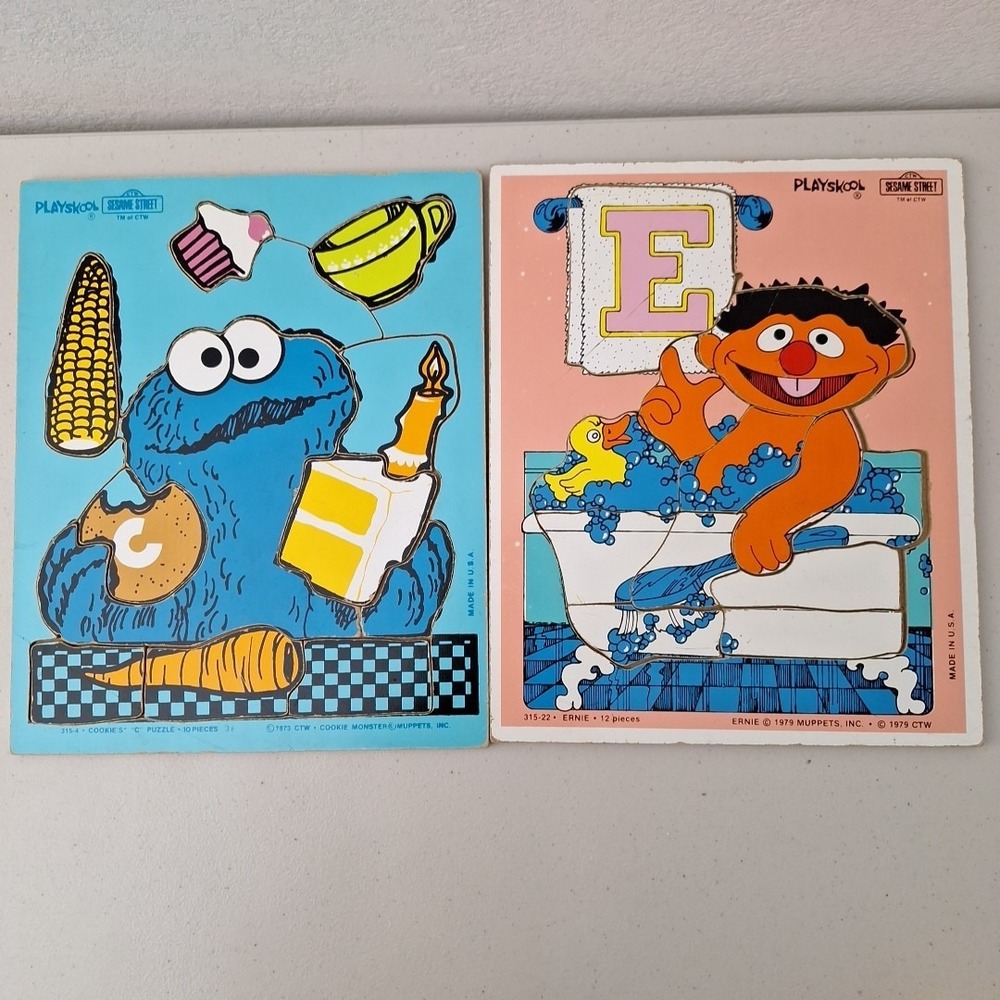 Vintage  Playskool 1973 Wooden Puzzles Sesame Street Cookie Monster Ernie Lot 2